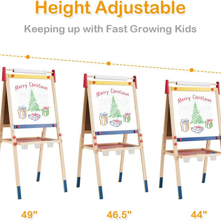 Costzon 3 in 1 Kids Art Easel with Paper Roll, Double Sided Adjustable Chalkboard & White Dry Erase with 4 Drawing Board Clips - costzon