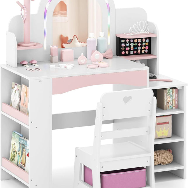 Costzon Wooden Kids Vanity Table and Chair Set with Lighted Mirror Bookshelf Jewelry Storage