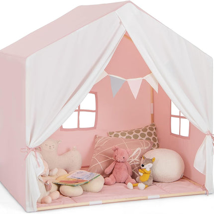 Costzon Large Kids Tent with Mat, Children's Play Tent w/Flag Banner, Windows, Gauze Curtain