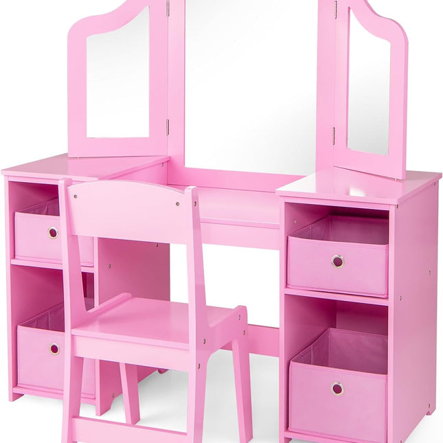 Costzon Kids Vanity, 2 in 1 Princess Makeup Desk & Chair Set with Tri-Folding Mirror, 4 Storage Bins