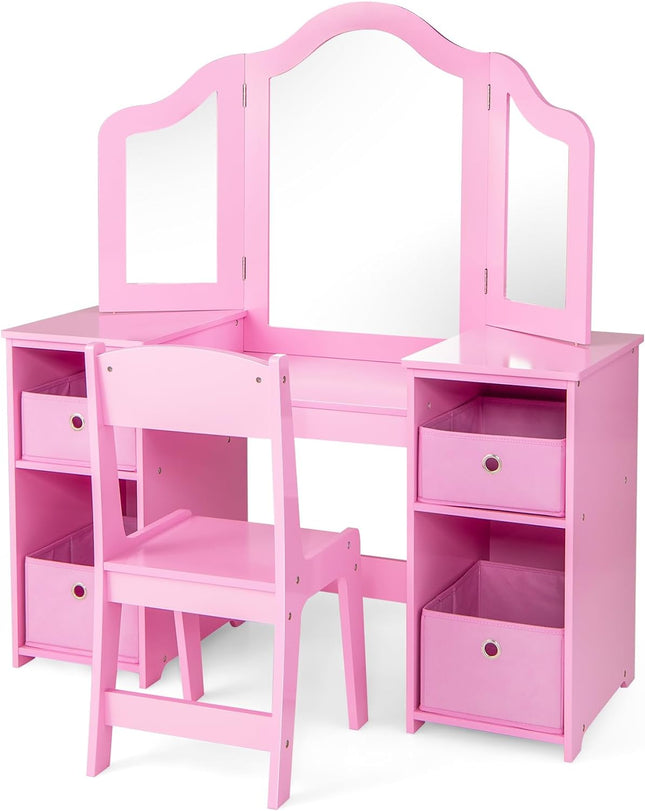 Costzon Kids Vanity, 2 in 1 Princess Makeup Desk & Chair Set with Tri-Folding Mirror, 4 Storage Bins
