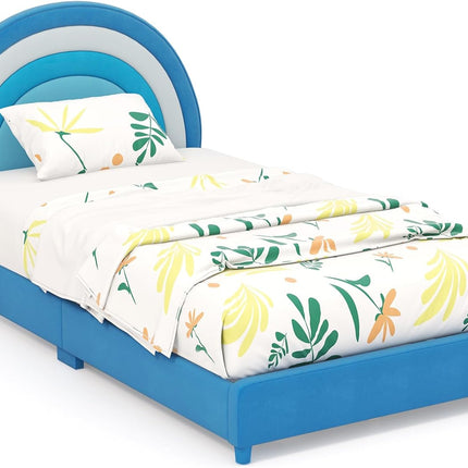 Costzon Twin Bed Frames with Adjustable Headboard, Upholstered Wooden Kids Bed w/Slats Support