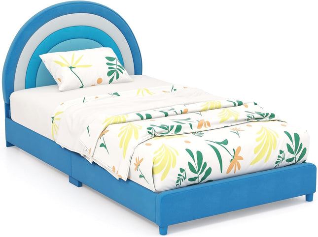 Costzon Twin Bed Frames with Adjustable Headboard, Upholstered Wooden Kids Bed w/Slats Support
