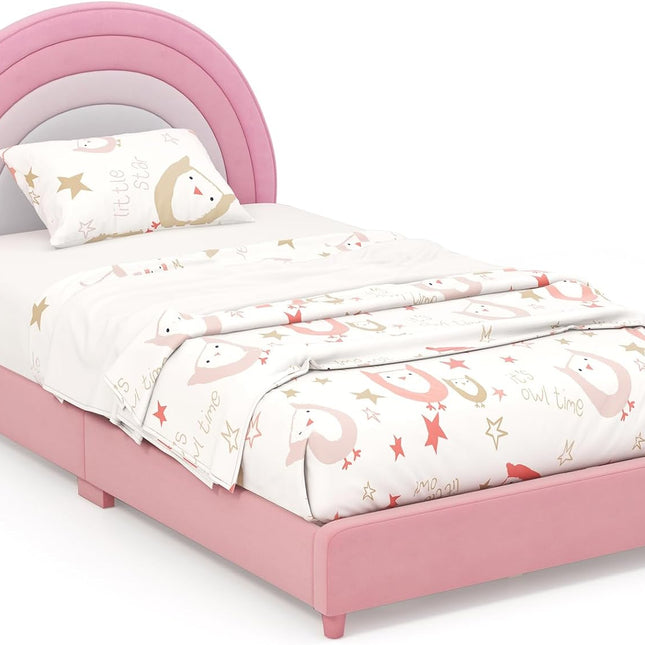 Costzon Twin Bed Frames with Adjustable Headboard, Upholstered Wooden Kids Bed w/Slats Support