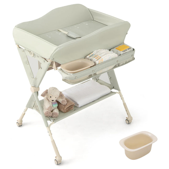 BABY JOY Foldable Baby Changing Table, Mobile Diaper Station w/ Wheels & Water Basin