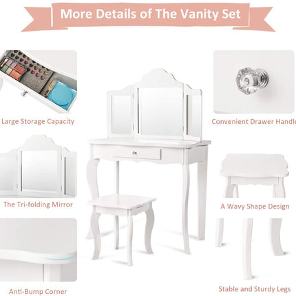 Kids Wooden Vanity Table & Stool Set - costzon