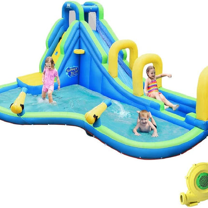 BOUNTECH Inflatable Water Slide, Long Slide Bouncer Park w/Climbing Wall, Splashing Pool - costzon