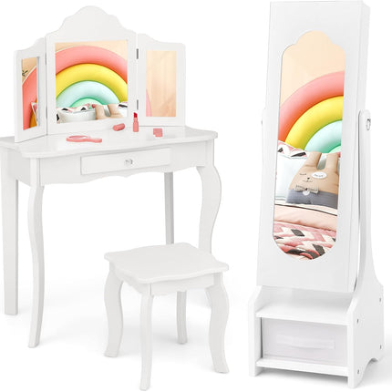 Costzon Kids Vanity & Jewelry Armoire Cabinet, Kids Vanity Table and Chair Set, Makeup Dressing Table