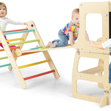 Costzon Climbing Toys for Toddlers with Kids Table and Chair Set, Foldable Montessori Wooden Climber Ladder