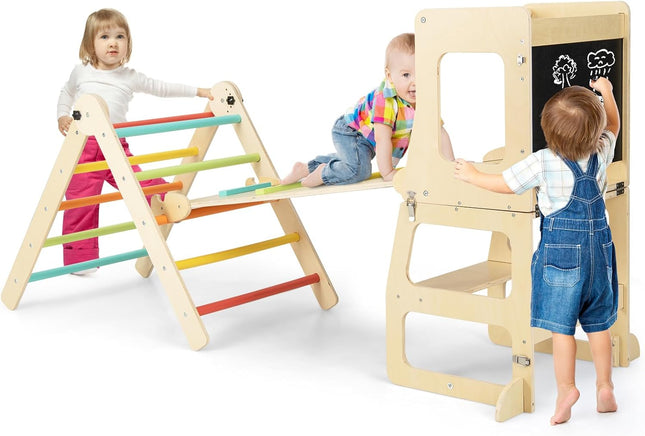 Costzon Climbing Toys for Toddlers with Kids Table and Chair Set, Foldable Montessori Wooden Climber Ladder