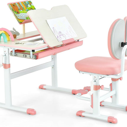 Costzon Kids Desk and Chair Set, Height-Adjustable Student Study Desk with Tiltable Desktop, Book Stand