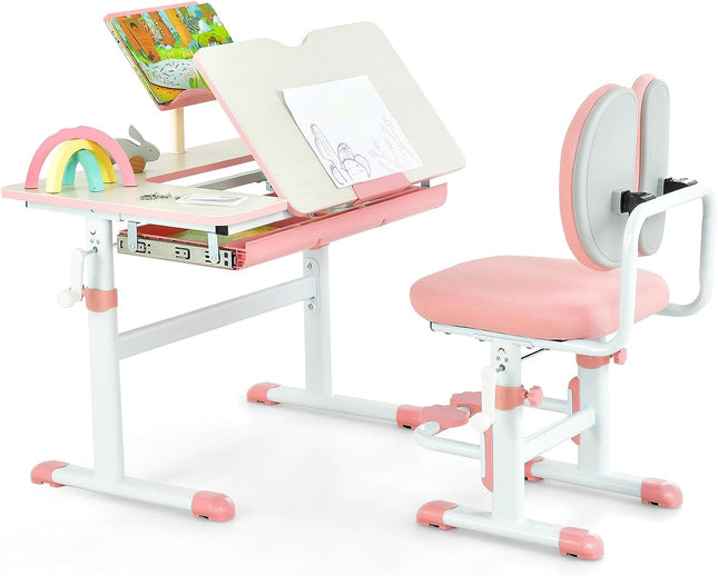 Costzon Kids Desk and Chair Set, Height-Adjustable Student Study Desk with Tiltable Desktop, Book Stand