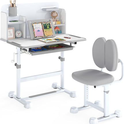 Costzon Kids Height-Adjustable Study Desk and Chair Set with Tilting Desktop