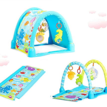 BABY JOY 4-in-1 Baby Play Gym Mat, Underwater World Baby Explore Crawling Tunnel with Steady Frame and 3 Hanging Toys - costzon