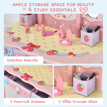 Costzon Kids Vanity Table & Chair Set, 2 in 1 Princess Makeup Dressing Table w/Detachable Top