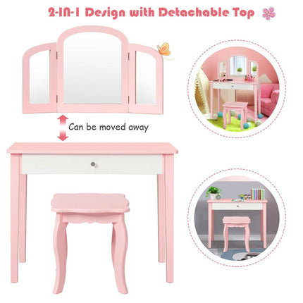Costzon Kids Vanity Table, 2-in-1 Vanity Set with Detachable Top, Pretend Beauty Play Vanity Set for Girls - costzon