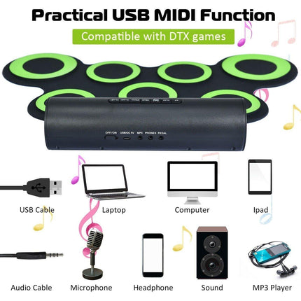 Costzon 7 Pads Electronic Drum Set, Portable Roll up MIDI Drum Practice Pad w/ Headphone (Green + Black) - costzon