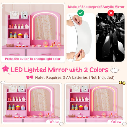 Costzon Kids Vanity Set with Lights, Princess Vanity Desk Set with 2-Color LED Lighted Acrylic Mirror
