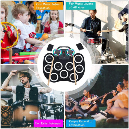 Costzon 9 Pads Electronic Drum Set with LED Light, Portable Roll up MIDI Drum Practice Pad w/Bluetooth (Black) - costzon