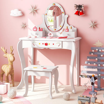 Costzon Kids Vanity Set with Mirror, 2 in 1 Princess Makeup Dressing Table w/ Detachable Top
