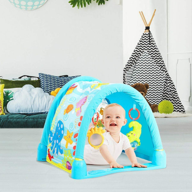 BABY JOY 4-in-1 Baby Play Gym Mat, Underwater World Baby Explore Crawling Tunnel with Steady Frame and 3 Hanging Toys - costzon