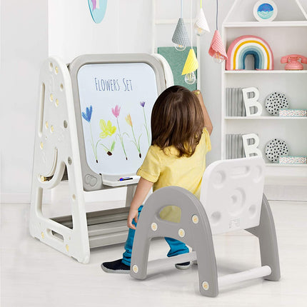 Costzon Kids Art Easel with Stool, 2 in 1 Double-Sided Magnetic Dry Erase Board and Kids Book Rack with Foldable Desktop