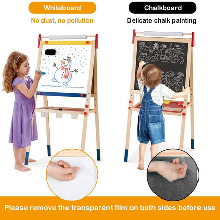 Costzon 3 in 1 Kids Art Easel with Paper Roll, Double Sided Adjustable Chalkboard & White Dry Erase with 4 Drawing Board Clips - costzon