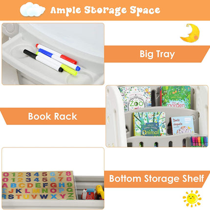 Costzon Kids Art Easel with Stool, 2 in 1 Double-Sided Magnetic Dry Erase Board and Kids Book Rack with Foldable Desktop