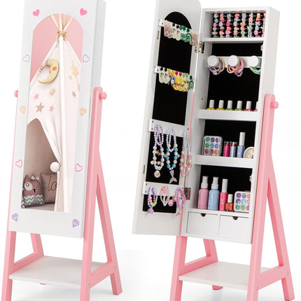 Costzon Kids Jewelry Armoire Cabinet, Standing Jewelry Organizer with Full-Length Mirror