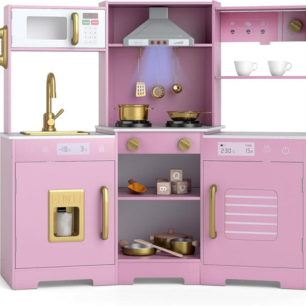 Costzon Corner Kids Kitchen Playset, Wooden Toy Kitchen Set with Range Hood