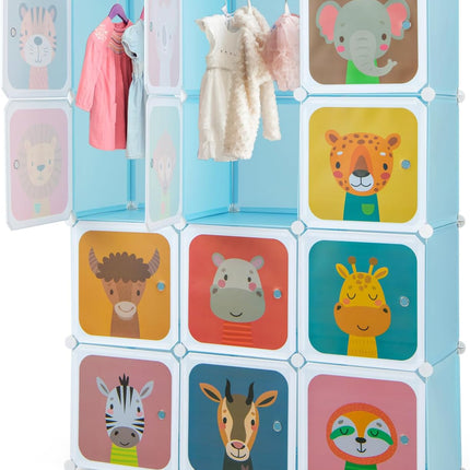 Costzon Kids Wardrobe Closet, Cartoon DIY Modular Dresser Storage Organizer with 12 Cubes & 2 Clothes Hanging Section