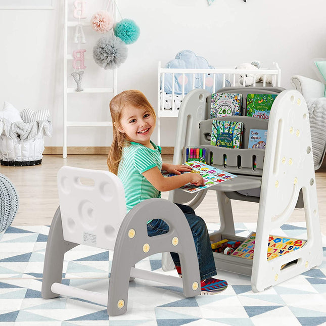 Costzon Kids Art Easel with Stool, 2 in 1 Double-Sided Magnetic Dry Erase Board and Kids Book Rack with Foldable Desktop