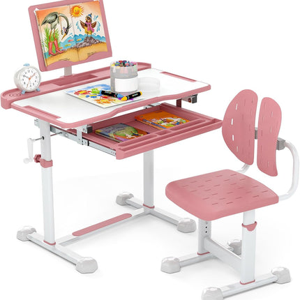 Costzon Kids Height-Adjustable Children Study Desk Set with Tilt Desktop & Book Stand