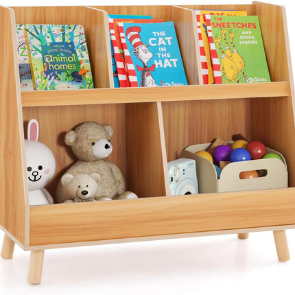 Costzon Toy Organizers and Storage with Bookshelf, 5 Cubbies Wooden Toy Cabinet and Montessori Bookcase w/Solid Legs