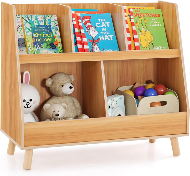 Costzon Toy Organizers and Storage with Bookshelf, 5 Cubbies Wooden Toy Cabinet and Montessori Bookcase w/Solid Legs