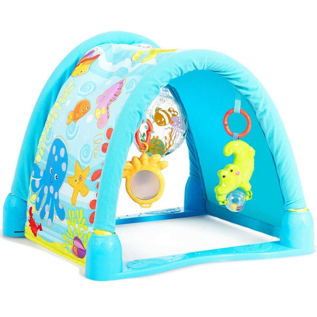 BABY JOY 4-in-1 Baby Play Gym Mat, Underwater World Baby Explore Crawling Tunnel with Steady Frame and 3 Hanging Toys - costzon