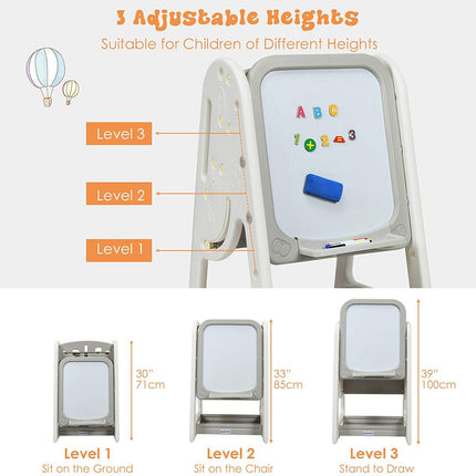 Costzon Kids Art Easel with Stool, 2 in 1 Double-Sided Magnetic Dry Erase Board and Kids Book Rack with Foldable Desktop