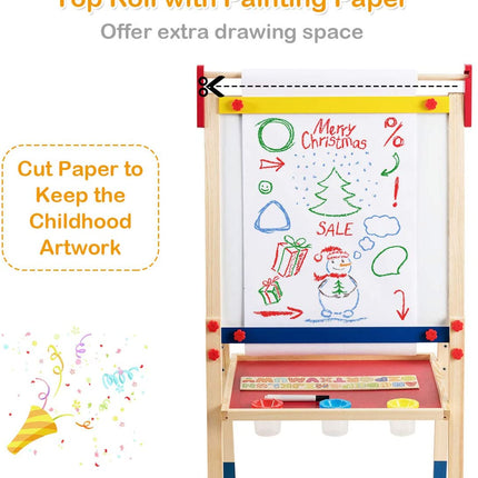 Costzon 3 in 1 Kids Art Easel with Paper Roll, Double Sided Adjustable Chalkboard & White Dry Erase with 4 Drawing Board Clips - costzon
