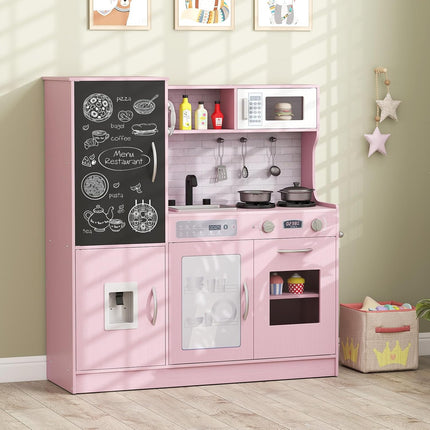 Costzon Play Kitchen for Kids, Wooden Toy Kitchen Set with Stoves, Microwave, Blackboard, Water Dispenser, Telephone