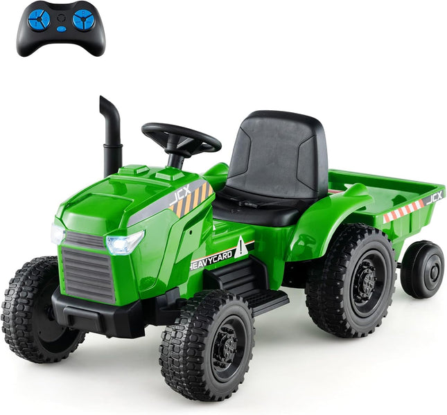 Costzon Ride on Tractor with Trailer, 12V Battery Powered Electric Vehicles with Remote Control