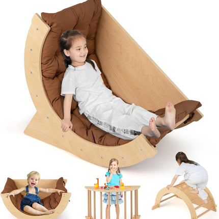 Costzon Kids Wooden Arch Rocker with Cushion, 6-in-1 Montessori Climbing Toys for Toddlers, Children Indoor Sensory Table