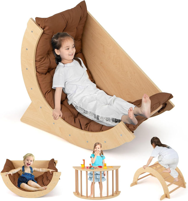 Costzon Kids Wooden Arch Rocker with Cushion, 6-in-1 Montessori Climbing Toys for Toddlers, Children Indoor Sensory Table