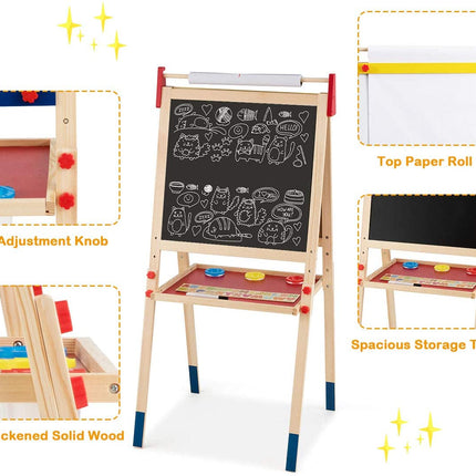Costzon 3 in 1 Kids Art Easel with Paper Roll, Double Sided Adjustable Chalkboard & White Dry Erase with 4 Drawing Board Clips - costzon