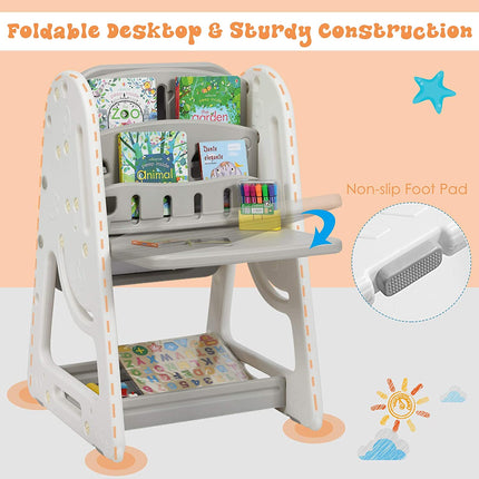 Costzon Kids Art Easel with Stool, 2 in 1 Double-Sided Magnetic Dry Erase Board and Kids Book Rack with Foldable Desktop