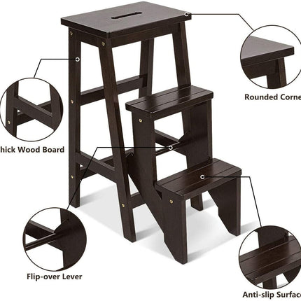 Folding Step Stool 3 Tier Wood Ladder, 3-in-1 Design with Ladder - costzon