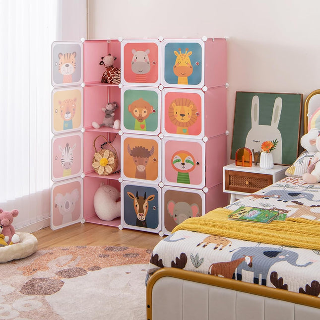 Costzon Kids Wardrobe Closet, Cartoon DIY Modular Dresser Storage Organizer with 12 Cubes & 2 Clothes Hanging Section