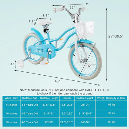 BABY JOY Kids Bike, 12 14 16 18 Inch Children's Bicycle w/Training Wheels, Double Brakes, Kids Bike for 4-8 Years Boys Girls