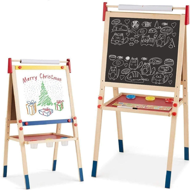 Costzon 3 in 1 Kids Art Easel with Paper Roll, Double Sided Adjustable Chalkboard & White Dry Erase with 4 Drawing Board Clips - costzon