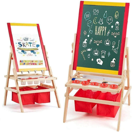 Costzon 3 in 1 Kids Art Easel with Paper Roll, Double Sided Adjustable Chalkboard & White Dry Erase with 4 Drawing Board Clips - costzon