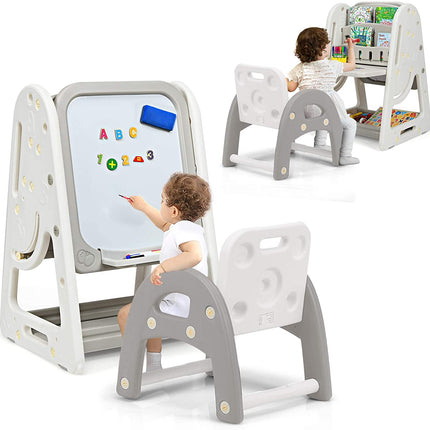 Costzon Kids Art Easel with Stool, 2 in 1 Double-Sided Magnetic Dry Erase Board and Kids Book Rack with Foldable Desktop